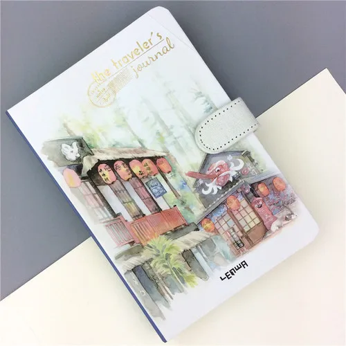 Small Fresh Hand Account 32K Color Page Magnetic Buckle Blank Notebook Coated Side Travel Account 3 Beautiful Town - Цвет: H