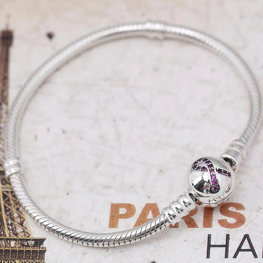 

Authenetic 925 Sterling Silver Bracelet Rose Crystal Ribbon Clasp Snake Chain Basic Bracelets Bangle Fit Bead Charm DIY Jewelry