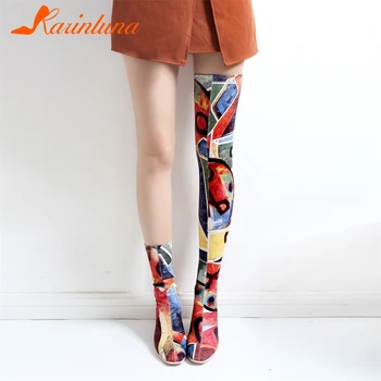 

KARINLUNA Brand Print Graffi Over The Knee Boots Ladies Sexy Stretch Thigh High Boots Women 2019 Autumn High Heels Shoes Woman