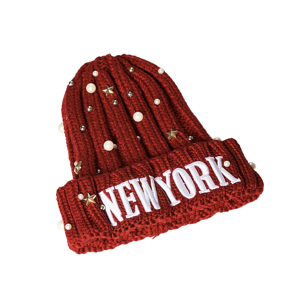 Зимняя шапка для взрослых, Повседневная шапка Skullies Beanies для женщин и мужчин, шапка с надписью и жемчужинами, одноцветная шерстяная шапка, теплая ветрозащитная верхняя одежда, аксессуары