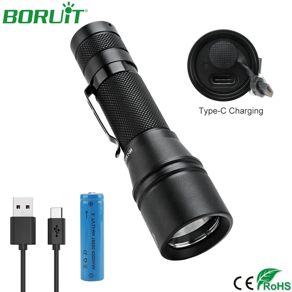 

BORUiT Super Bright XML T6 LED Flashlight 5 Modes Zoomable Tactical Torch Light Type-C USB Rechargeable Waterproof Camping Lamp