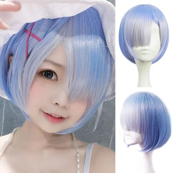 

LUPU Short Straight REM And RAM Cosplay Wig Re:Zero Starting Life in Another World Costume Halloween Ombre Pink Blue Anime Wigs