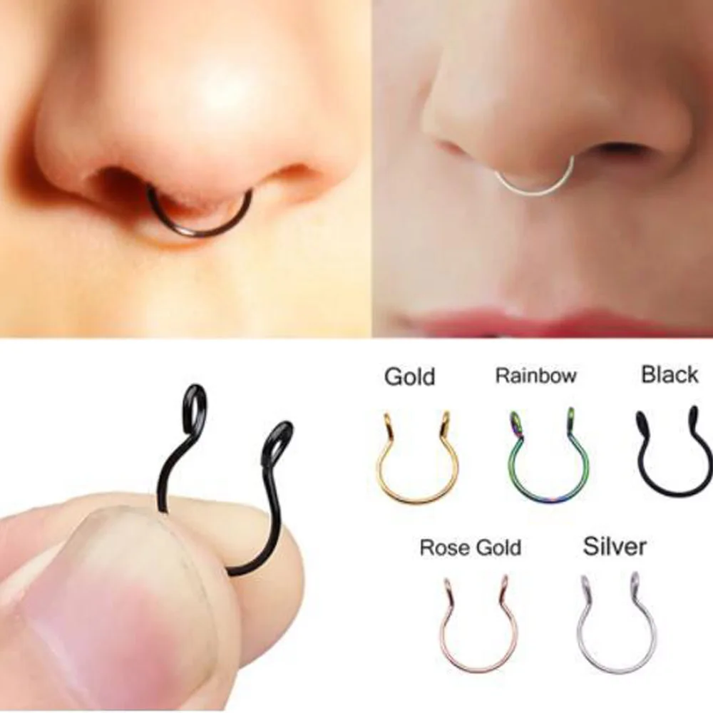 Нержавеющая Сталь Нос Кольца Изящные Искусственные Поддельные перегородки Кольца обруч ноздри Имитация пирсинга клип на нос кольцо ювелирные изделия для пирсинга тела 2 шт