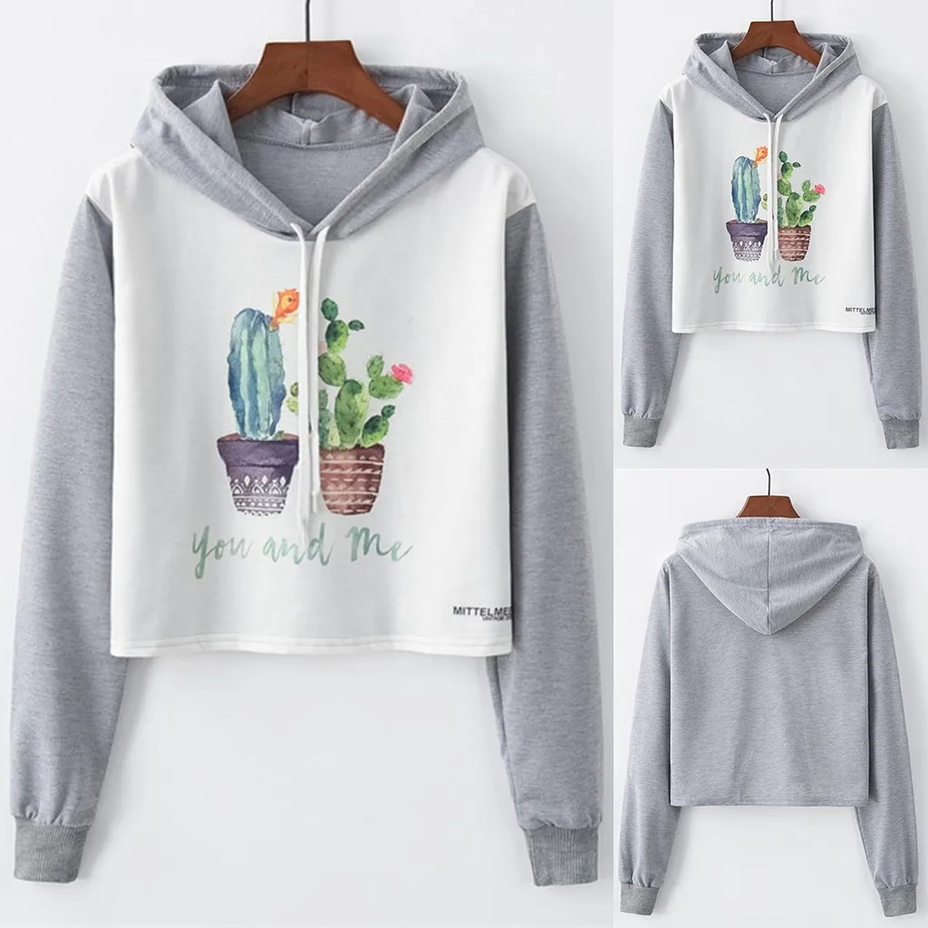 JAYCOSIN Fashion Women Casual Simple Sweatshirt Cactus Print Hooded Long Sleeve Comfortable Popular Cartoon Soft Short Blouse