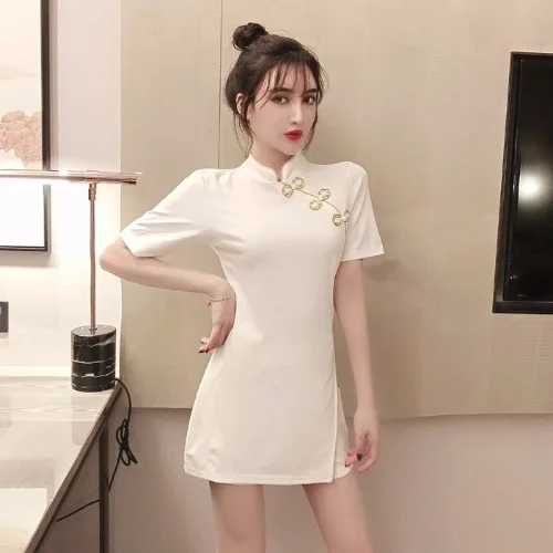 Китайское платье cheongsam винтажное элегантное платье qipao вечернее платье женское с коротким рукавом сексуальное платье Ципао с разрезом костюм набор - Цвет: color1