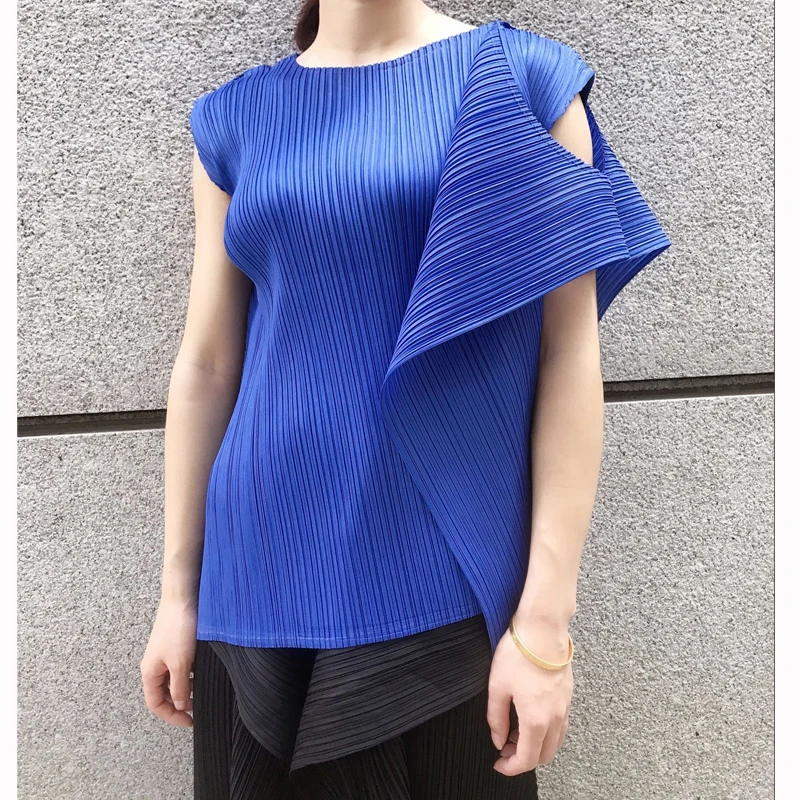Changpleat дизайн Женская футболка двойные Топы Miyak плиссированные модные однотонные с круглым вырезом большие эластичные тонкие женские футболки Tide T89