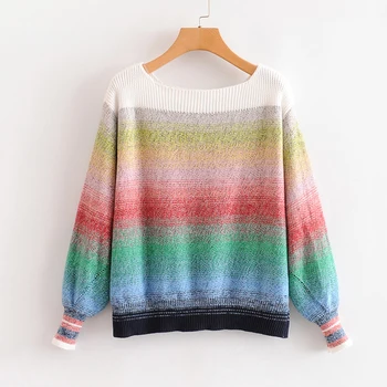 

2019 New Fashion Pullover Women Sweater Knitted Jumper Casual O-neck Lantern Sleeve Splicing Loose Pull Stripe Femme Sweaters