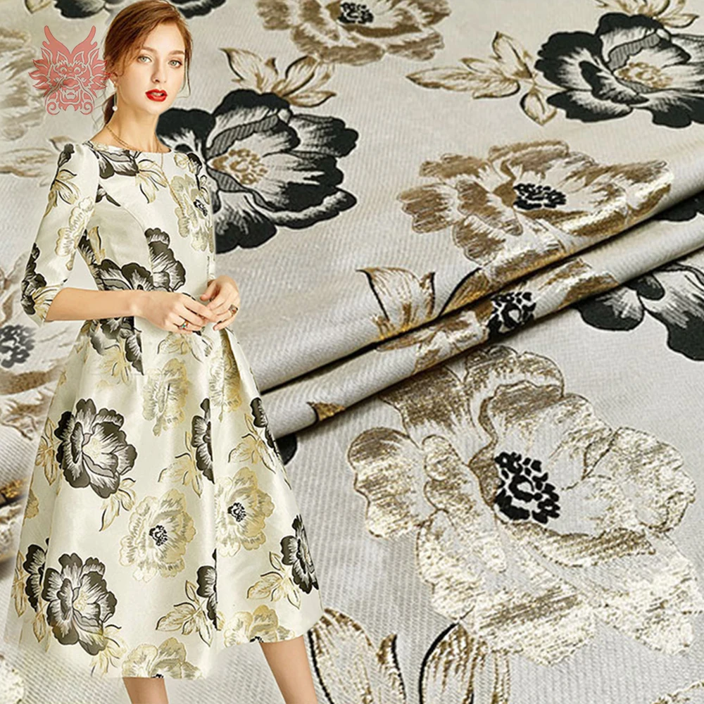 Европейский роскошный цветочный принт шампанское жаккард парча атласная ткань для леди платье костюм telas infantiles tissu SP5833