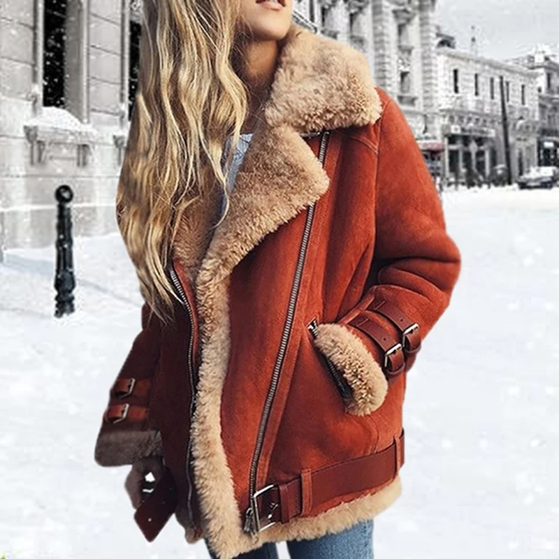 Winter Women Faux Fur Fleece Coat Outwear Warm Lapel Biker Motor Aviator Jacket Lady Deer Leather Velvet Lamb Cotton Jacket - Цвет: red