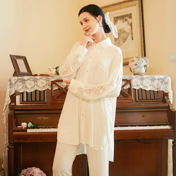 

2 Piece Woman Vintage Palace Style Pajamas Cotton Sleepwear Sexy Negligee Plants Pijama Embroidery Lolita Nightwear White