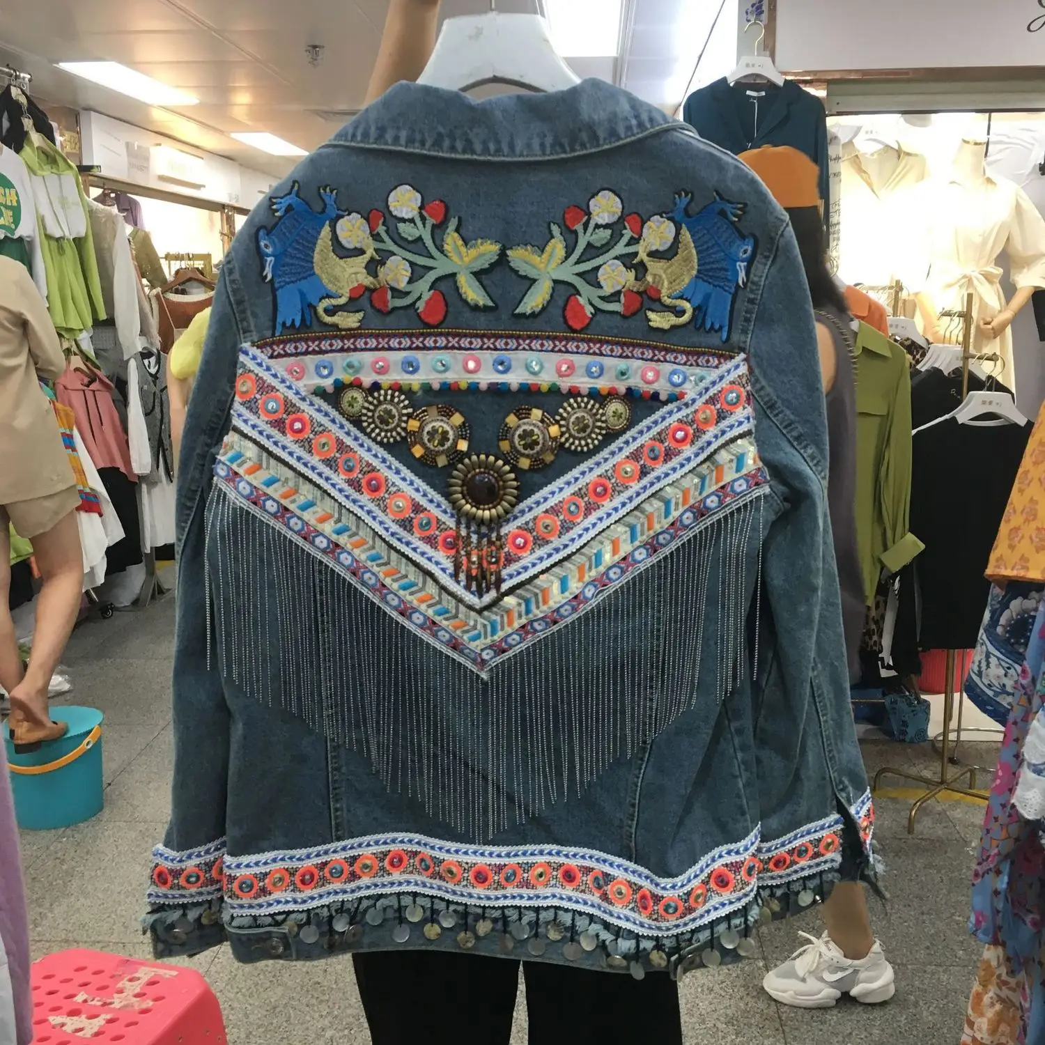 

2019 Autumn Clothing Heavy Split Joint Tassels Cowboy Loose Coat Woman Loose Short Wind Jacket