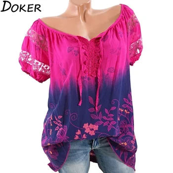 

Tee Shirt Femme 2020 Summer Gradient Print T-shirt Women V-neck Short Sleeve Plus Size Fashions Tops Womens Oversized T Shirt