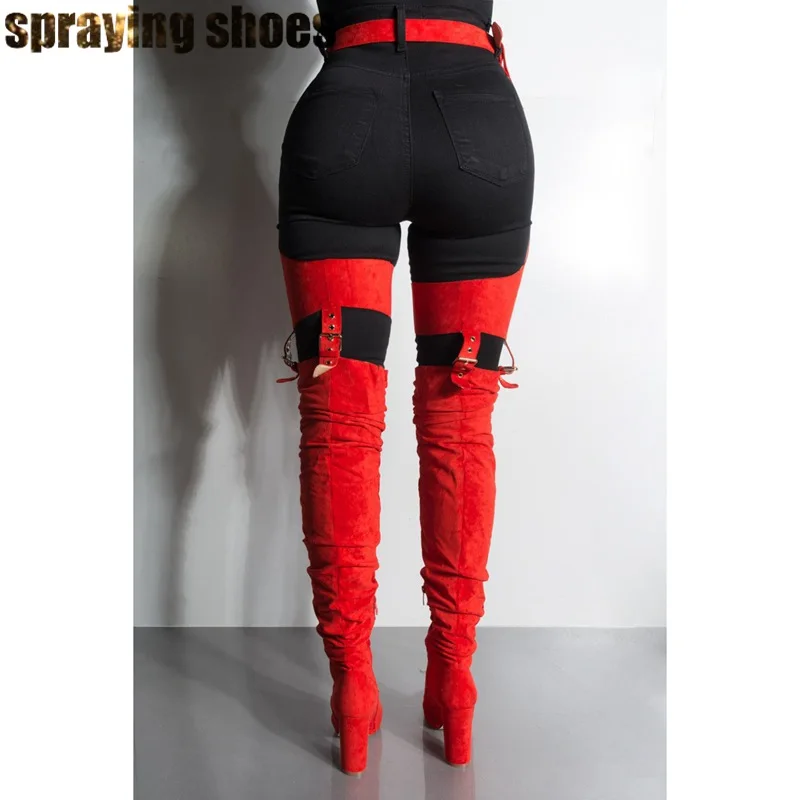 Wild Sexy Belted Thigh High Boots Women Chunky Heels Pointy Toe Winter Boots Red Fashion Ladies Shoes Chap Boots Woman