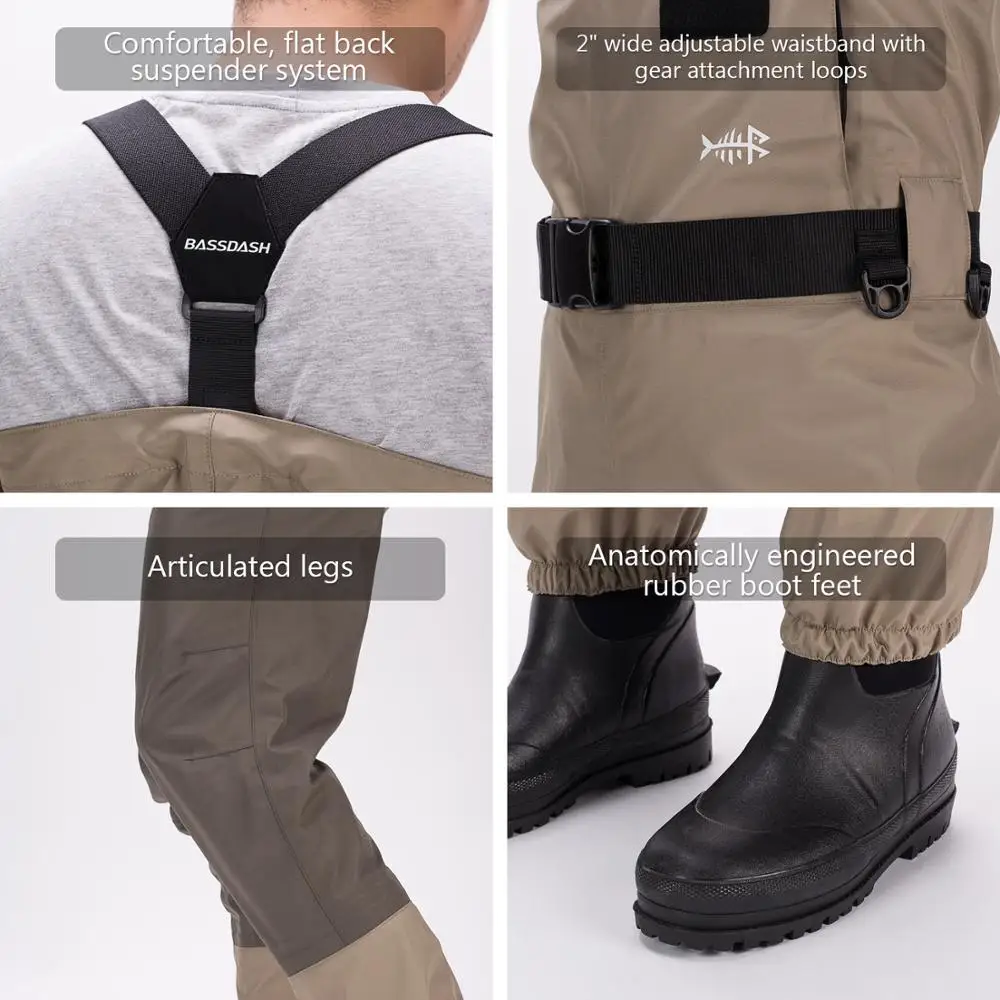 Bassdash Men’s Breathable Lightweight Chest and Waist Convertible Waders for Fishing and Hunting Stocking Foot and Boot Foot Waders Available in 7 Sizes