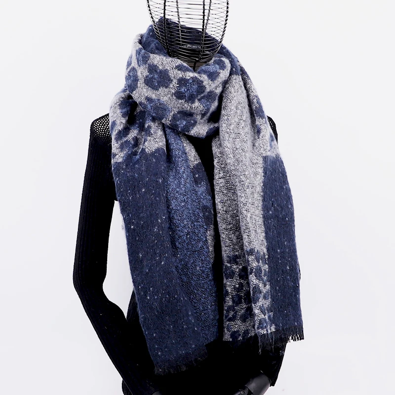 Кашемировый шарф с леопардовым принтом, зимняя женская шерстяная брендовая шаль, хиджаб, роскошные женские длинные шарфы, толстые, большие, пашмины, sjaal - Цвет: Тёмно-синий