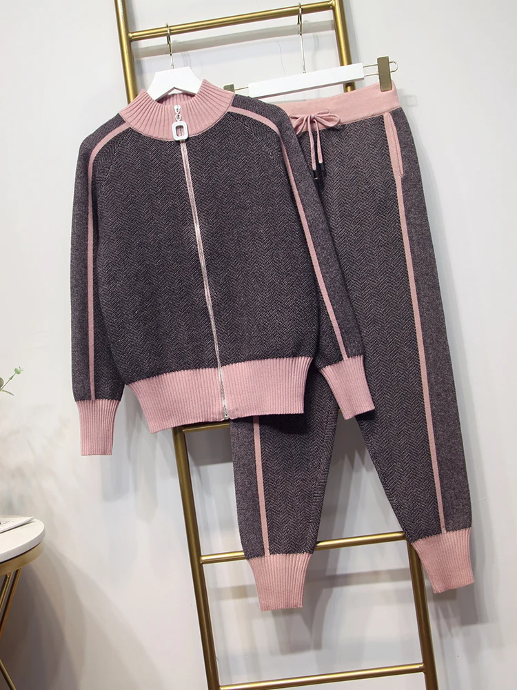 Женский комплект из двух предметов пуловер с широкими рукавами и юбка кардиган на молнии+ брюки женский зимний модный дизайн 2 шт спортивный комплект