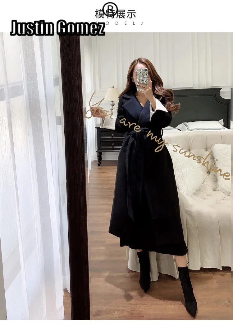 Elegant V Neck Women's Winter Fashion Woolen Overcoat Long Black Trench Dress Coats With Pockets Belt Casaco de la Feminino