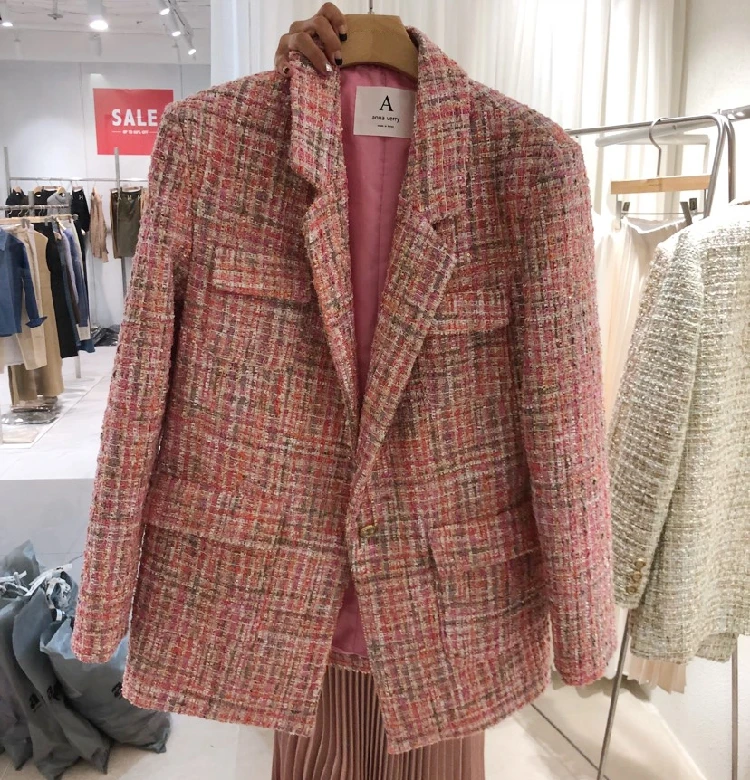 Свободная приталенная контрастная тканая куртка новая женская куртка с отворотом и длинным рукавом с карманом модная осенне-зимняя куртка - Цвет: Pink