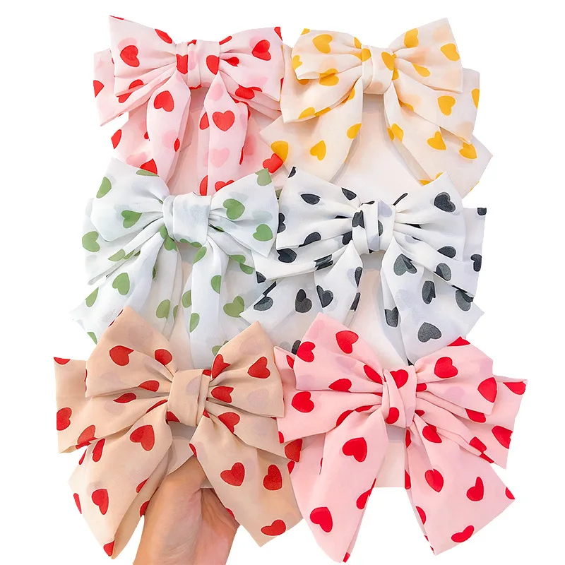 

Big Two Layers Heart Print Hair Bow Ribbon Chiffon Hairpins For Women Girls Sweet Hair Clips Barrettes Fashion Hair Accessories