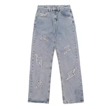 Pantalones vaqueros Retro con bordado cruzado para Hombre, Jeans rectos, desgastados, holgados, informales, estilo Hip Hop, 2021