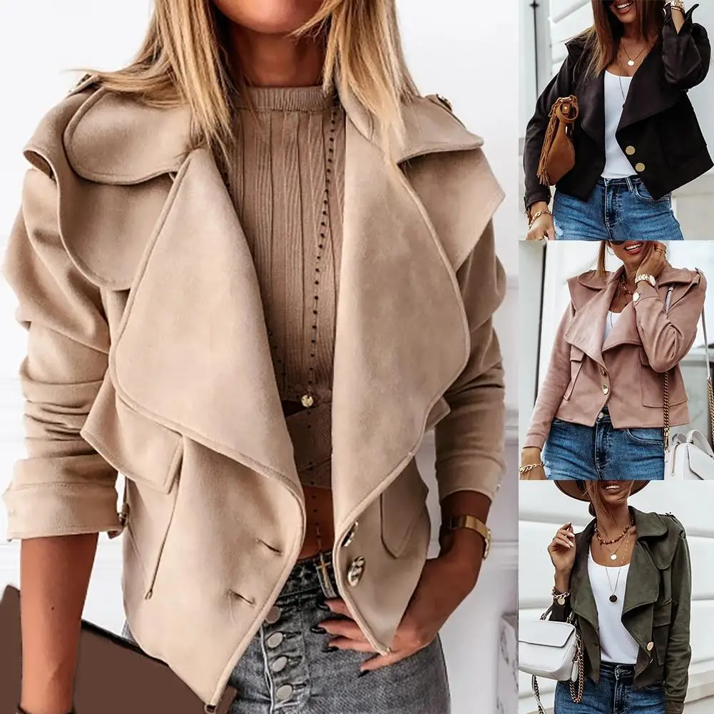 

Fashion Women Autumn Winter Solid Color Coat Suede Pockets Buttons Short Jacket