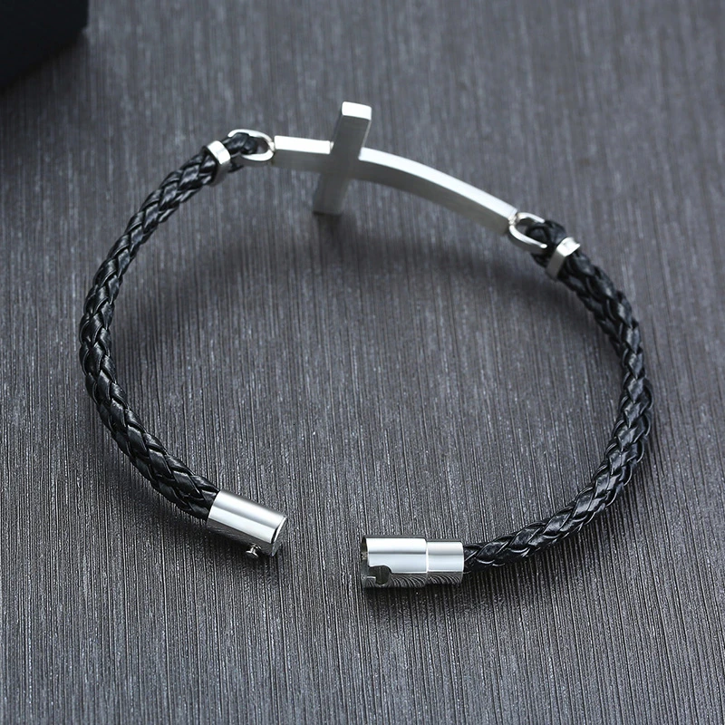 MEN BLACK CROSS DOUBLE BRAIDED LEATHER BRACELET MAGENTIC CLASP MEN'S JEWELRY GIFT FOR HER - Image 5