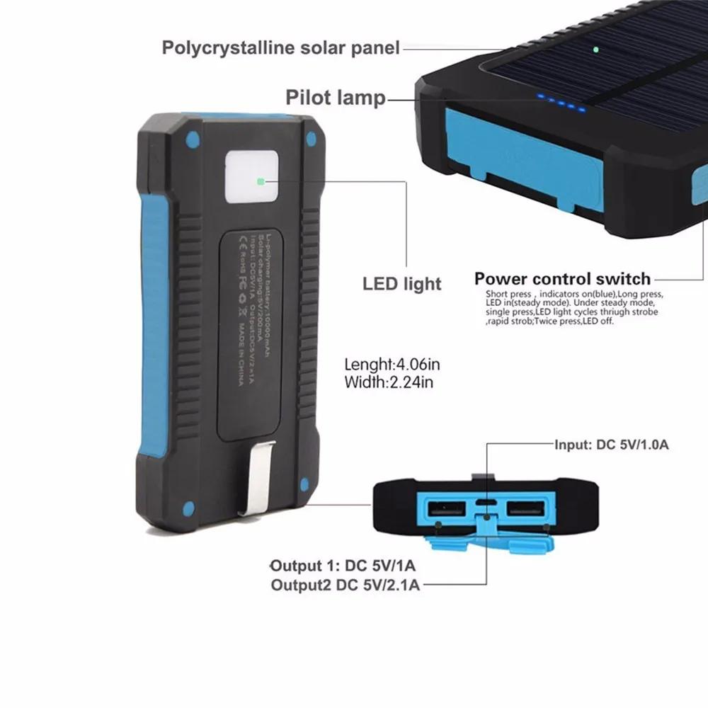 Перезаряжаемый Солнечный внешний аккумулятор 8000 мАч, двойной USB внешний аккумулятор, водонепроницаемый, для путешествий, солнечная панель, внешняя батарея, зарядка с компасом