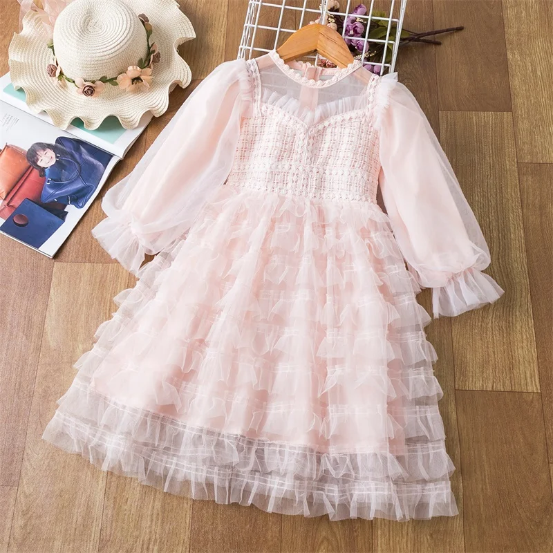 Spring Autumn Girls Princess Dress Mesh Dresses For Kids Full Sleeve Solid Wedding Party Wear Girl Birthday Costume | Детская одежда и