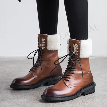 

LAIGZEM Women Ankle Boots LEATHER Warm Wool Low Heels Lace Up Combat Winter Boots Shoes Outdoor Botines Mujer Big Size 34-42