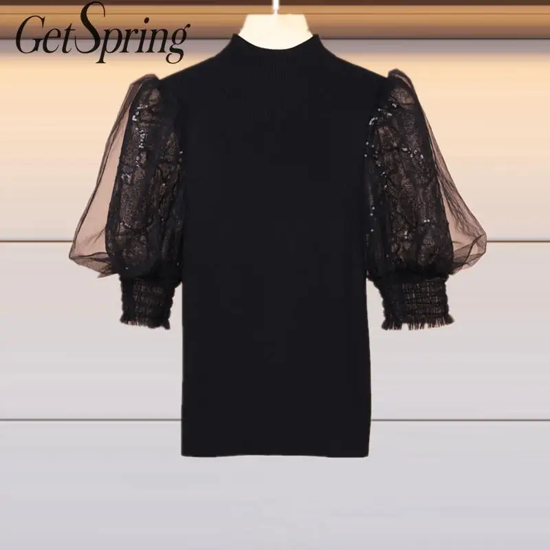 

GetSpring Women Sweater Half Sleeve Turtleneck Sweater Sequined Women Knitted Sweater Bottom Women Tops Pullovers Autumn Winter