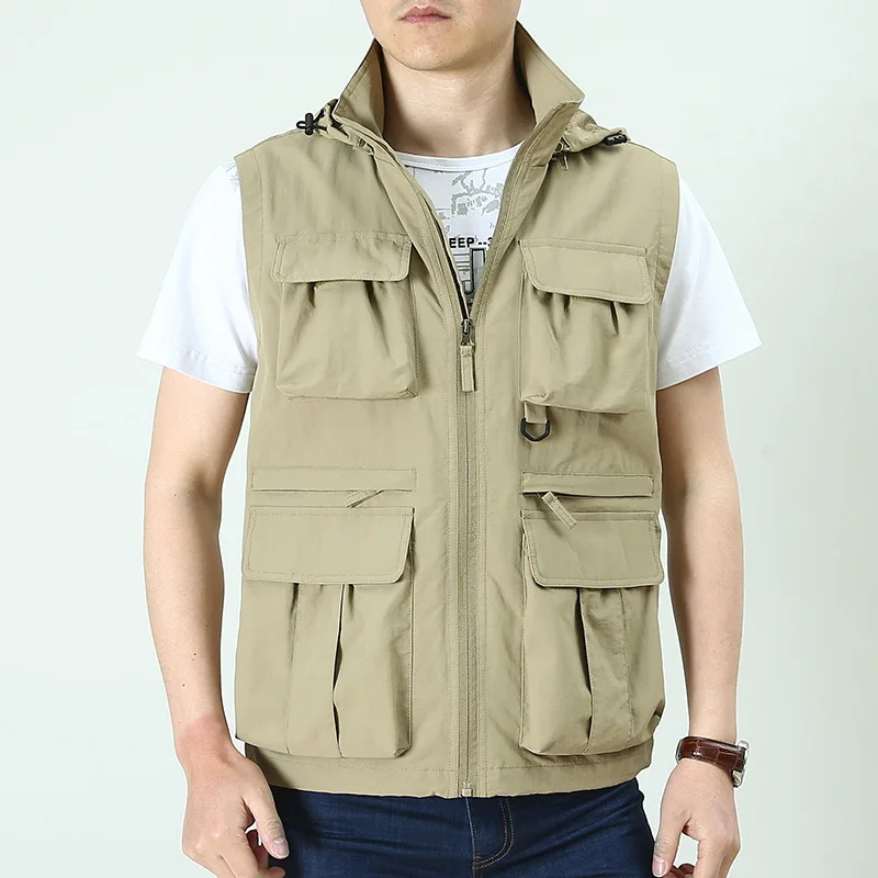 

NIANJEEP Hooded Men's Middle-aged Multi-pockets Frock Vest Quick-Dry Loose And Plus-sized Military Fishing Vest Vest