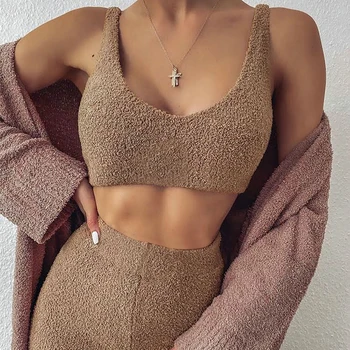 

Autumn Winter 2PCS Seamles Sport Set Women Crop Top T-shirt Bra Plush Sleepwear Workout Outfit Fitness Wear Women Pajamas