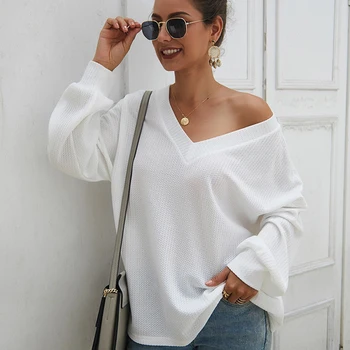 

Meyooe Women Sexy Sweater Autumn Winter V Neck Long Sleeve Off Shoulder Loose Solid Pullover Sweater For Women Jumper Femme