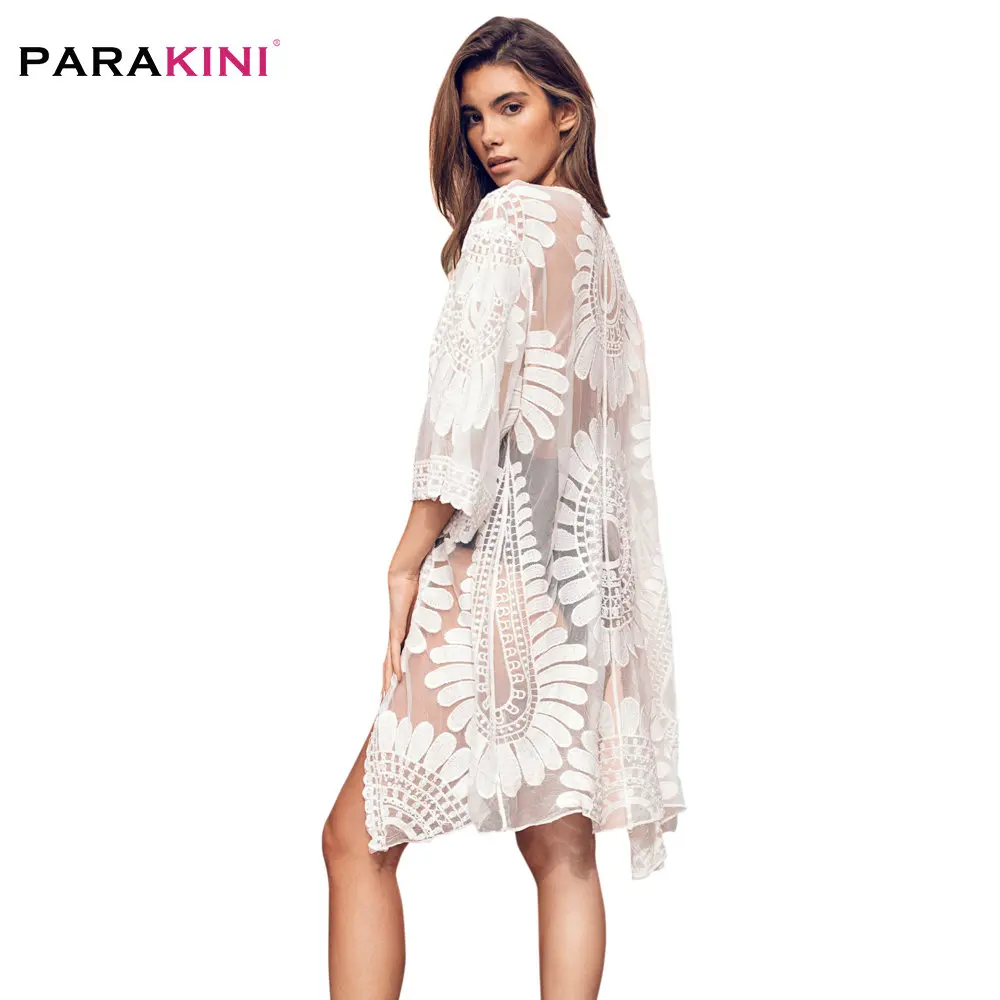 white PARAKINI, белое кружевное бикини с вышивкой, накидка, новинка, женское сексуальное платье с рукавом 3/4, пляжные купальные костюмы - Цвет: white