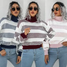 

Women Turtleneck Striped Knitted Lantern Sleeve Pullover Sweater Autumn Winter Fashion Casual Plus Size Simple Harajuku Jumpers