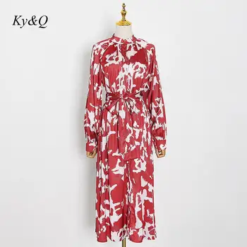 

Vintage Runway Designer Party Clothing 2020 Autumn New Women Fashion Stand Collar Lantern Sleeve Belt Long A-line Red Dress