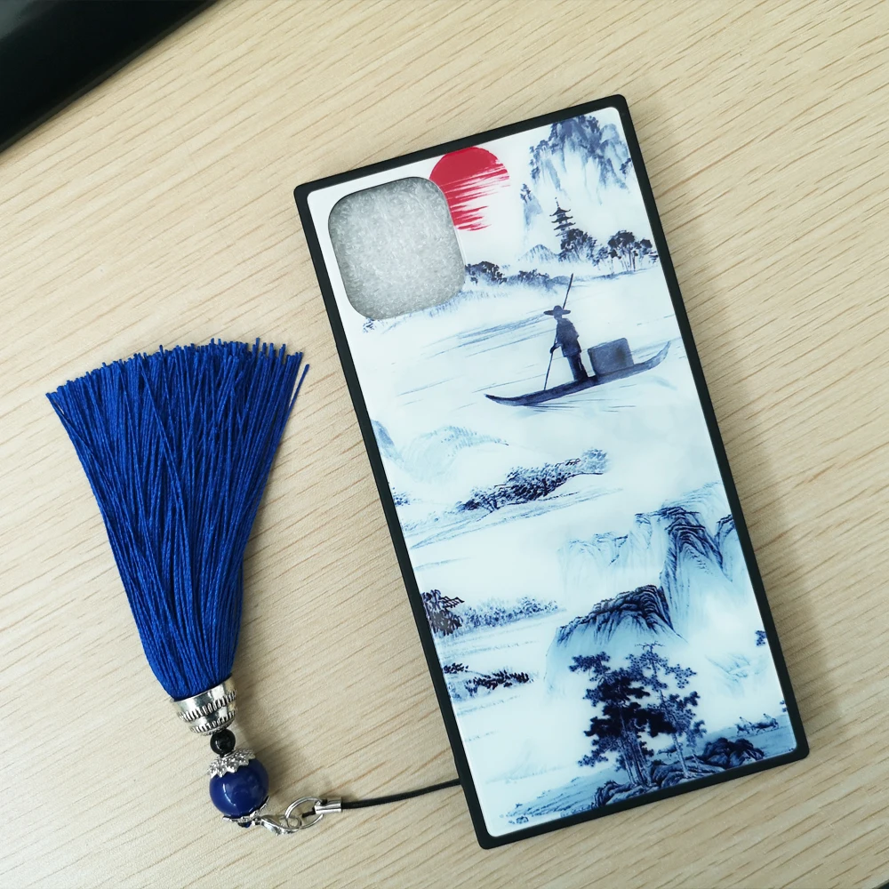 Чехол из закаленного стекла для iPhone 12 Mini 11 Pro Max XS XR X 8 7 Plus SE 2020 с китайским сине