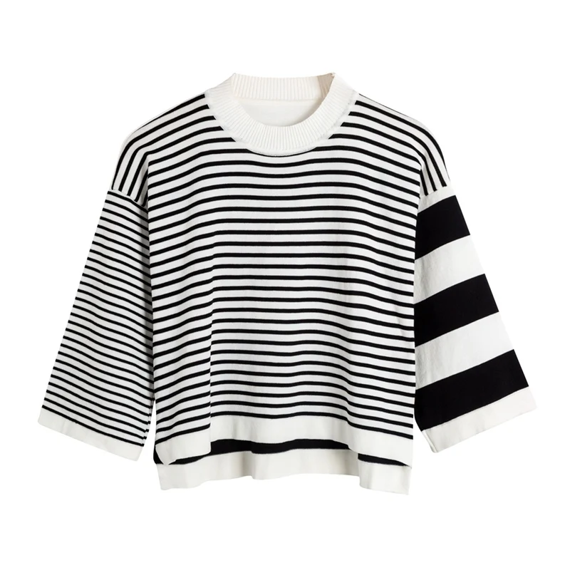 

Sweaters Women Loose Slim Striped Sweater Long Sleeve O-Neck Pullover Tops Autumn Casual Thin Irregular Sweater