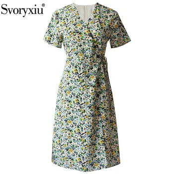 

Svoryxiu Designer Brand Summer Silk Flower Print Dress Women's Elegant Short Sleeve Single-Breasted V-Neck Office Lady Dresses