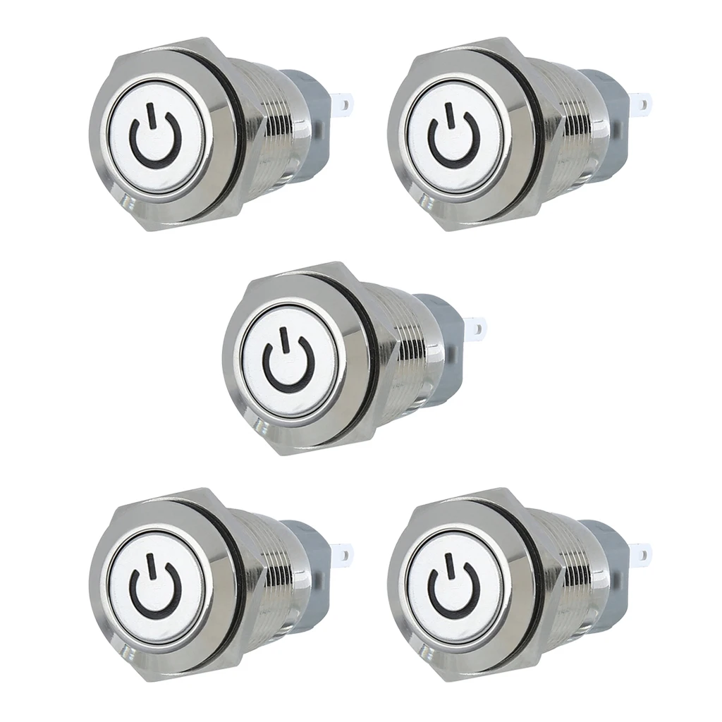5x Latching Push Button Switch Aluminium Alloy Stainless Steel Shell for 16mm with 12V Red LED Light