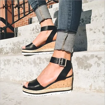 

Women's Sandals Peep Toe Leather Ladies Slingbacks Platform Cork Wedge Female PU Leather Ankle Buckle Strap Casual Woman Shoes