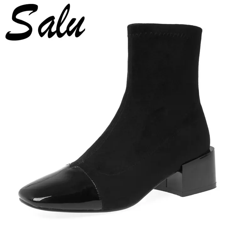 

Salu Women Ankle Boots High Heels Shoes Woman Patchwork Suede Leather Woman Boots Large Size Apricot Black
