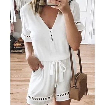 

Fashion Hollow Out Women Playsuits Casual O-Neck Sleeveless Romper Summer Female Short Overalls Solid Elegant Ladies Playsuit