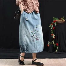 Повседневная новая джинсовая юбка с вышивкой и завязками; сезон весна-осень; свободная длинная юбка с цветочным принтом; юбка;