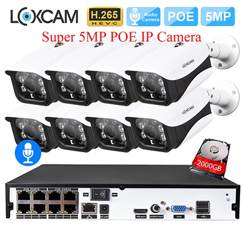 LOXCAM H.265+ 8CH система видеонаблюдения 5MP POE NVR комплект 5MP аудио запись открытый водонепроницаемый IP66 безопасности IP камера видеонаблюдения комплект - Цвет: 8CH NVR x 8 Cameras