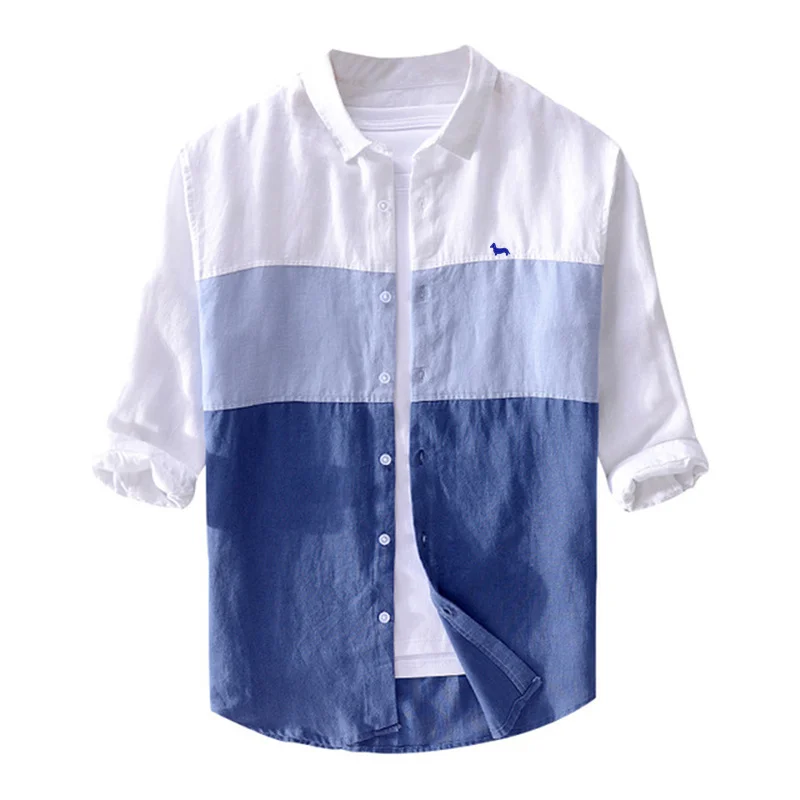 Льняная мужская рубашка Ретро три четверти рукав гармошка плюс размер отложной воротник летняя рубашка вышивка мужские рубашки