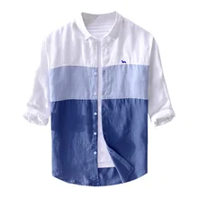 Льняная мужская рубашка Ретро три четверти рукав гармошка плюс размер отложной воротник летняя рубашка вышивка мужские рубашки