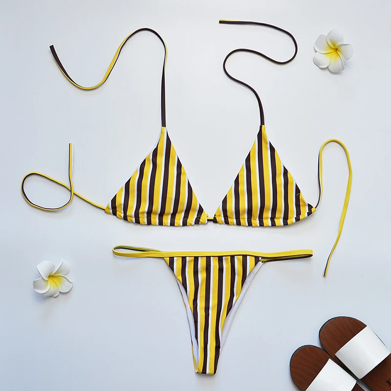Lace Up Thong Bikini String Striped Bikini Ladies 2 Piece Bathing Suits Biquinis Feminino 2019
