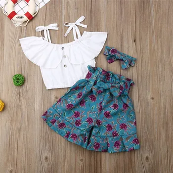

2020 Summer Baby Girl Clothes Off-Shoulder Ruffle Vest Tops+Printed Shorts+Headbands Infant Baby Girl Outfits Baby Sets