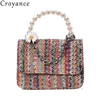 

Croyance Straw Handbag Women Vintage Pearls Shoulder Bag Casual Vacation Weave Crossbody Bag Bohemian Style Purse